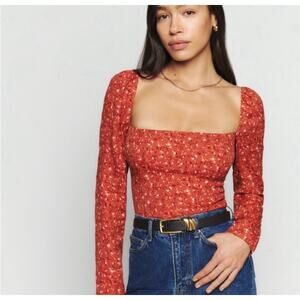 Reformation Square Neck Orange Floral Demi Blouse Puff Sleeve in Balsam 0